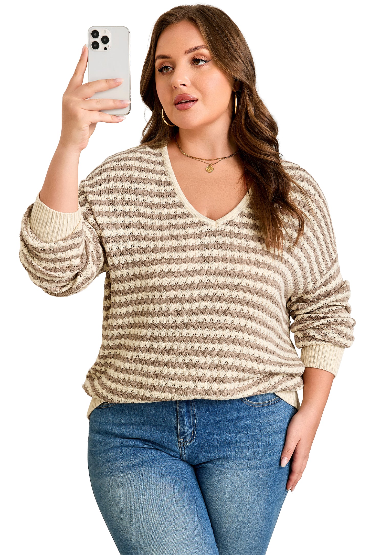 Khaki Stripe Plus Size V Neck Drop Shoulder Sweater