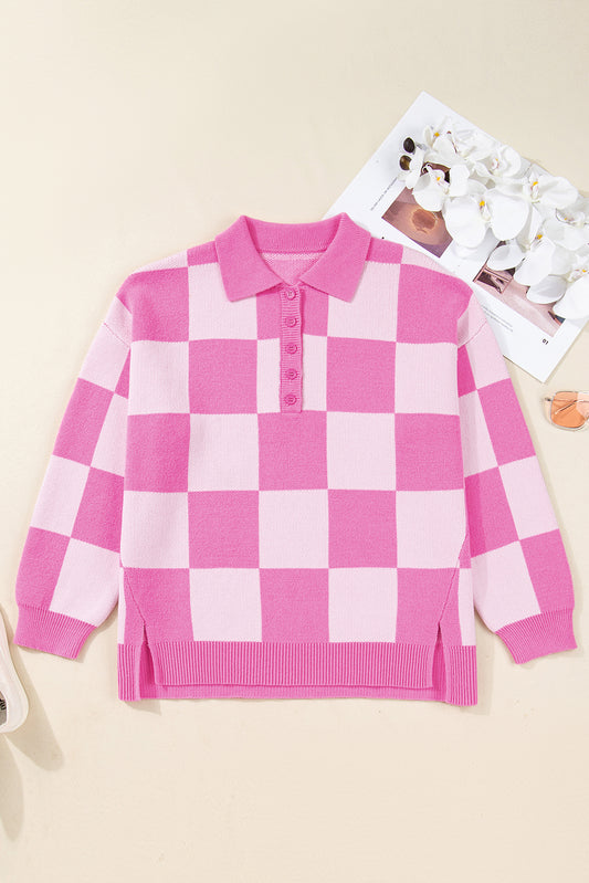 Pink Plus Size Checkered Collared Half Button Sweater
