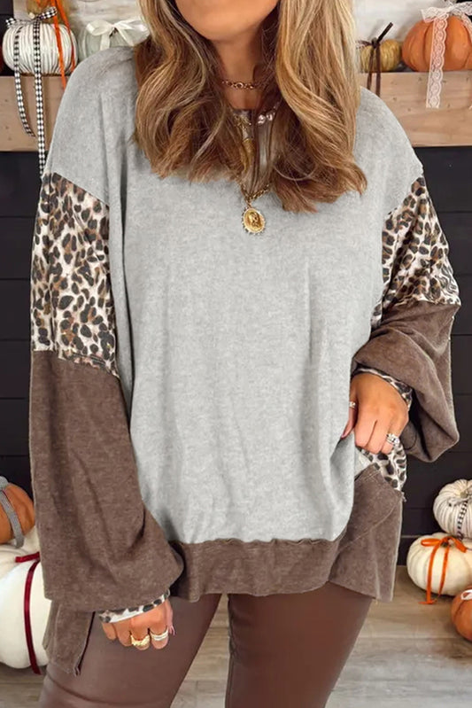 Gray Plus Size Leopard Color Block Patchwork Dolman Sweatshirt