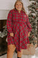 Red Plus Size Plaid Half Button Long Sleeve Holiday Dress