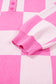 Pink Plus Size Checkered Collared Half Button Sweater