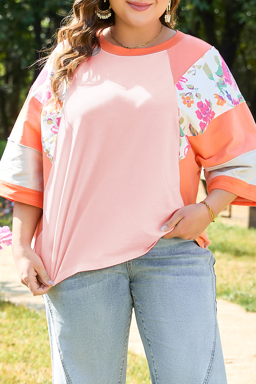 Orange Plus Size Floral Print Patchwork Raglan Half Sleeve Top