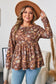 Khaki Floral Textured Tied Neck Long Sleeve Plus Size Babydoll Blouse