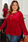 Red Clay Plus Size Tie Front Velvet Peplum Blouse