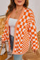 Orange Plus Size Checkered Bubble Sleeve Drop Shoulder Open Cardigan