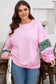 Pink Plus Size Mix Floral Patched Sleeve Ribbed Trim Baggy Sweatshirt