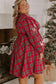 Red Plus Size Plaid Half Button Long Sleeve Holiday Dress