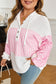 Pink Stripe Leopard Patchwork Waffle Knit Buttoned Plus Size Hoodie