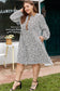Khaki Plus Size Button V Neck Leopard Print Puff Sleeve Loose Mini Dress
