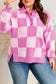 Pink Plus Size Checkered Collared Half Button Sweater