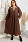 Coffee Embroidered Notched Neckline Textured Pleated High Waist Plus Size Midi Dress