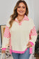 Pink Stripe Contrast Polo Collar Drop Shoulder Patchwork Plus Size Pullover