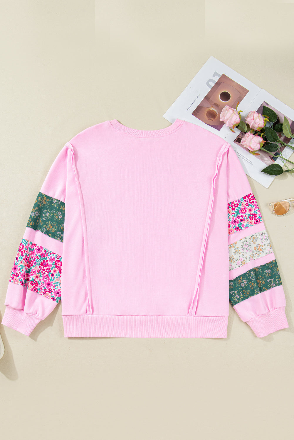 Pink Plus Size Mix Floral Patched Sleeve Ribbed Trim Baggy Sweatshirt