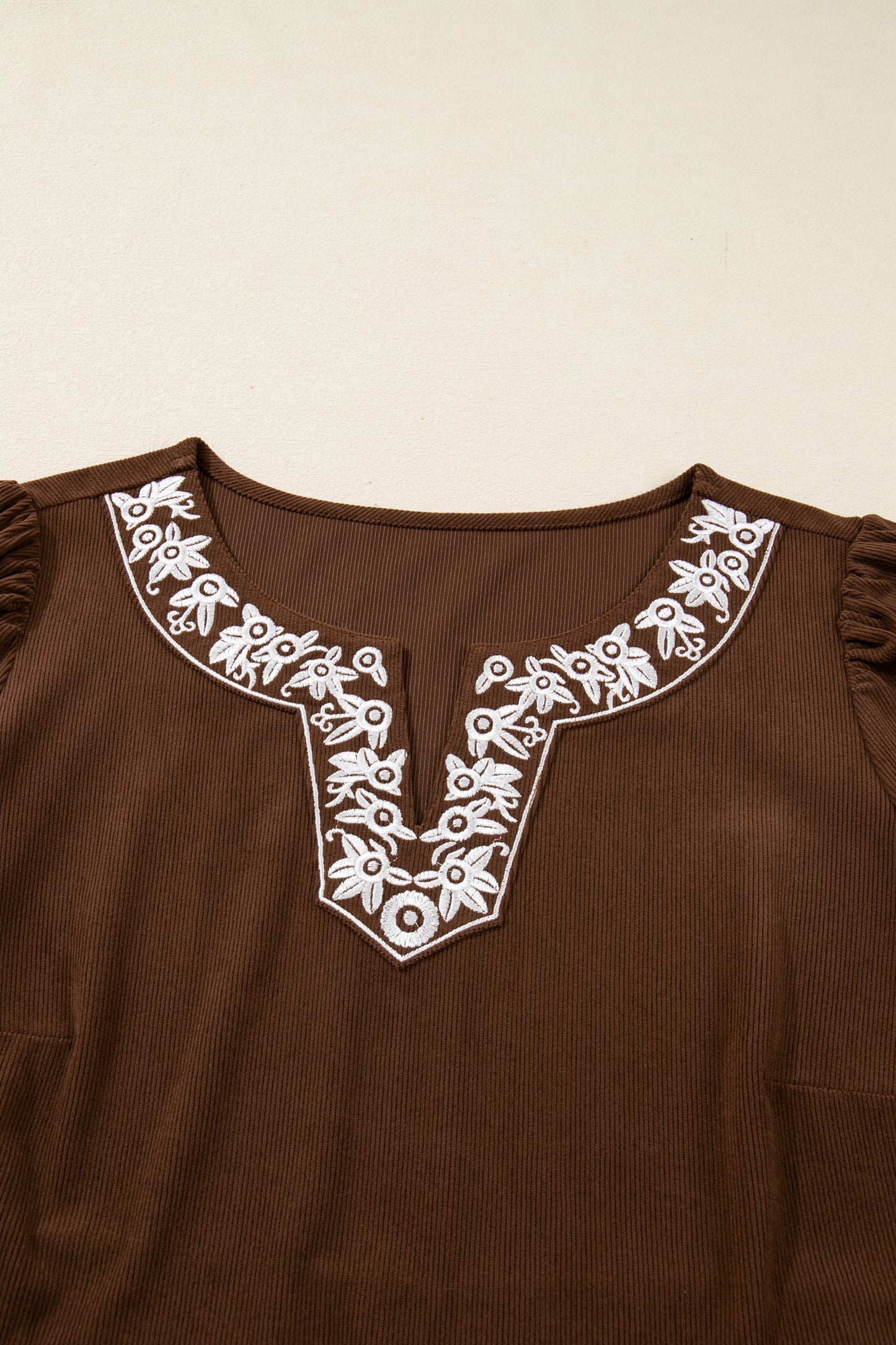 Coffee Embroidered Notched Neckline Textured Pleated High Waist Plus Size Midi Dress