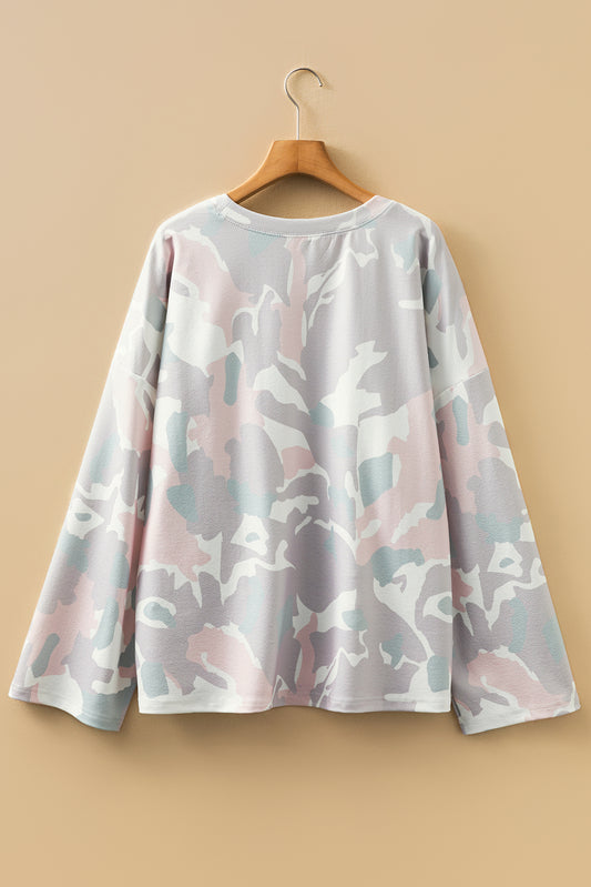 Green Plus Size Camouflage Print Drop Shoulder Loose Pullover Top