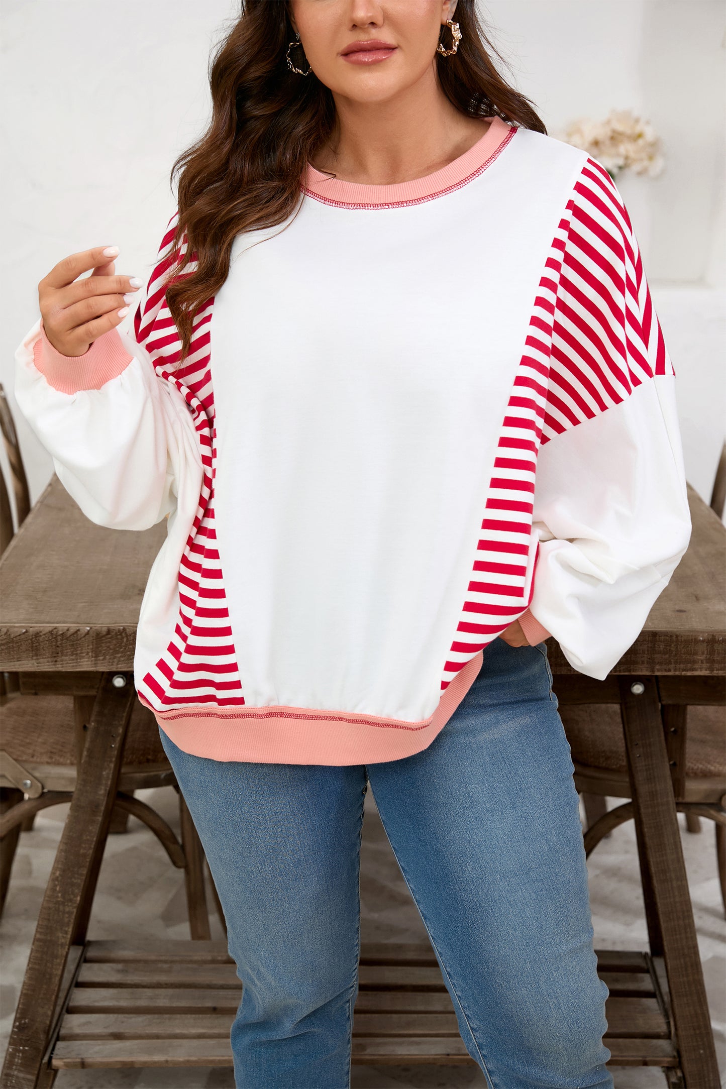 Red Stripe Color Block Patchwork Seam Detail Plus Size Sweatshirt