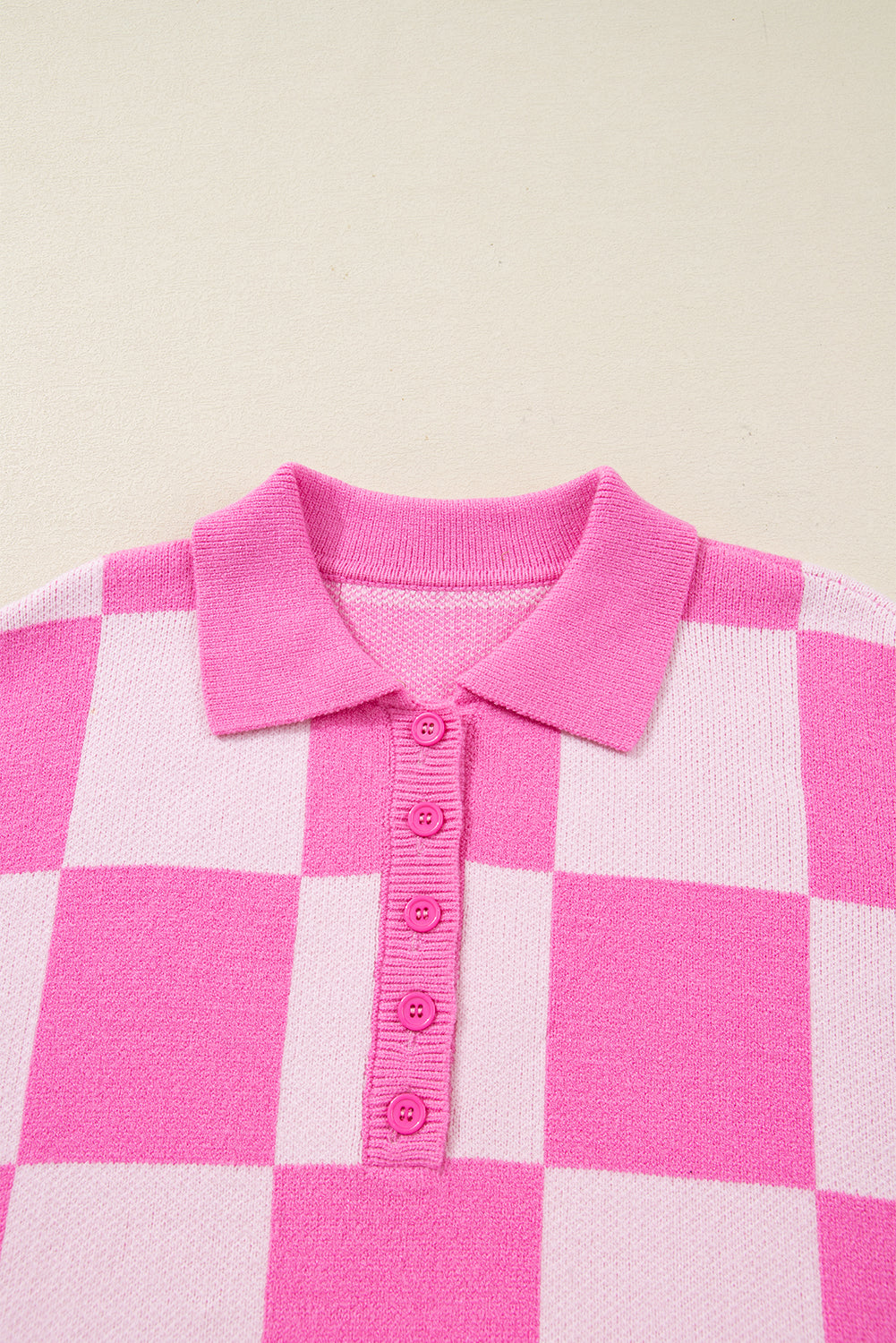 Pink Plus Size Checkered Collared Half Button Sweater