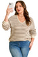 Khaki Stripe Plus Size V Neck Drop Shoulder Sweater