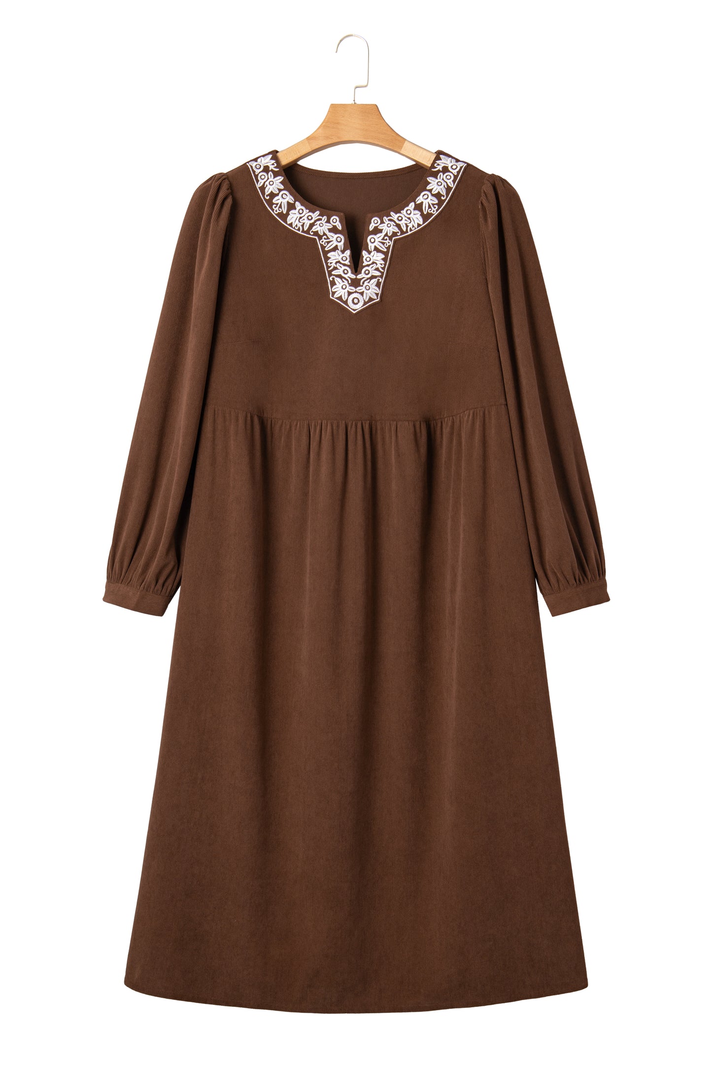 Coffee Embroidered Notched Neckline Textured Pleated High Waist Plus Size Midi Dress
