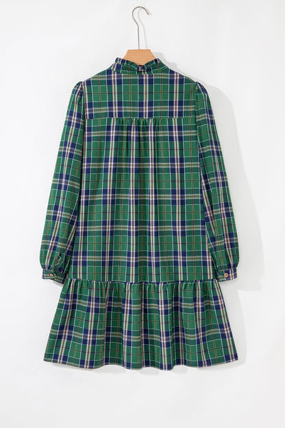 Green Plus Size Plaid Long Sleeve Notched Neck Shift Mini Dress