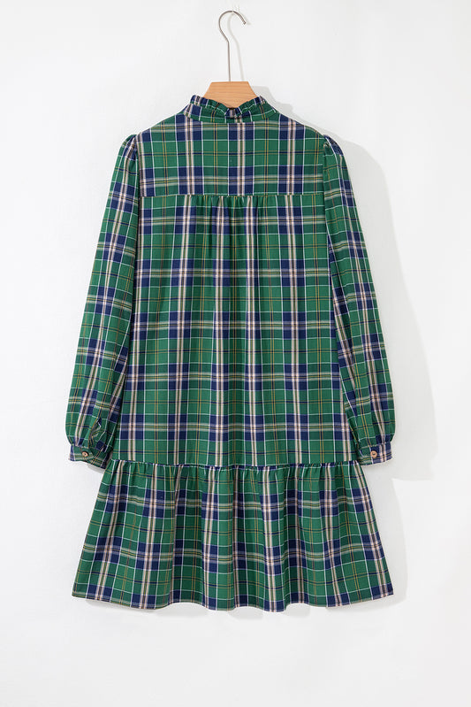 Green Plus Size Plaid Long Sleeve Notched Neck Shift Mini Dress
