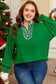 Green Plus Size Contrast Leopard Trim Split Neck Puff Sleeve Blouse