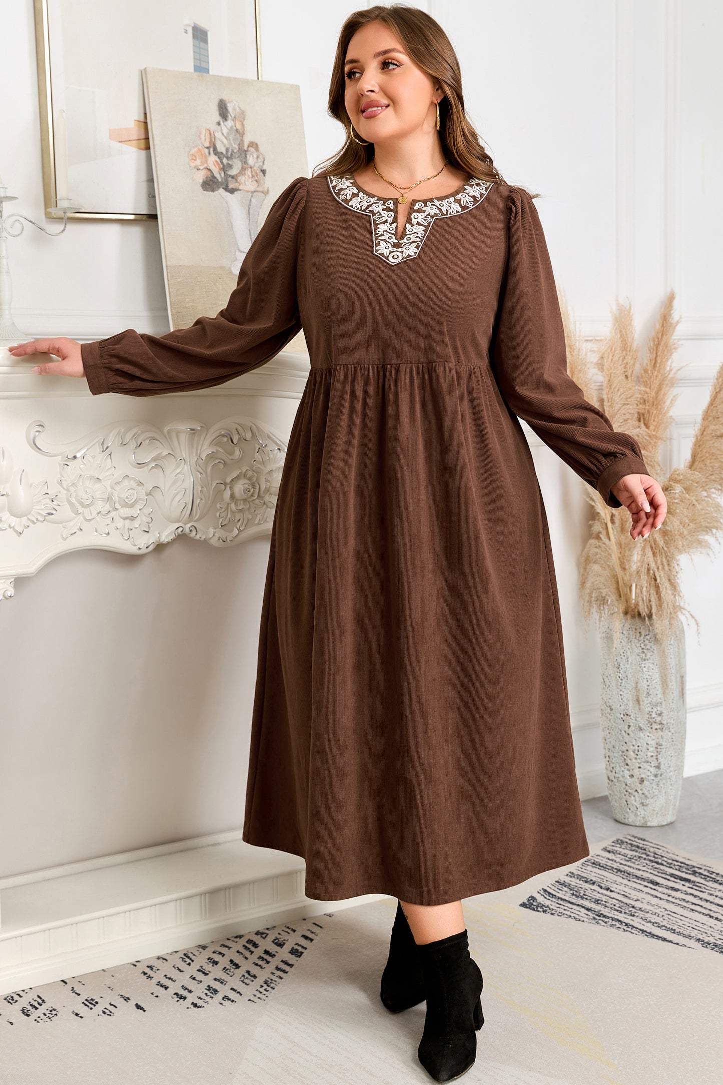Coffee Embroidered Notched Neckline Textured Pleated High Waist Plus Size Midi Dress