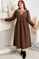 Coffee Embroidered Notched Neckline Textured Pleated High Waist Plus Size Midi Dress