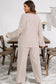 Khaki Stripe Plus Size Collared V Neck Loose Pullover Drawstring Elastic Waist Wide Leg Pant Set
