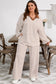 Khaki Stripe Plus Size Collared V Neck Loose Pullover Drawstring Elastic Waist Wide Leg Pant Set