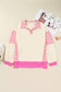 Pink Stripe Contrast Polo Collar Drop Shoulder Patchwork Plus Size Pullover