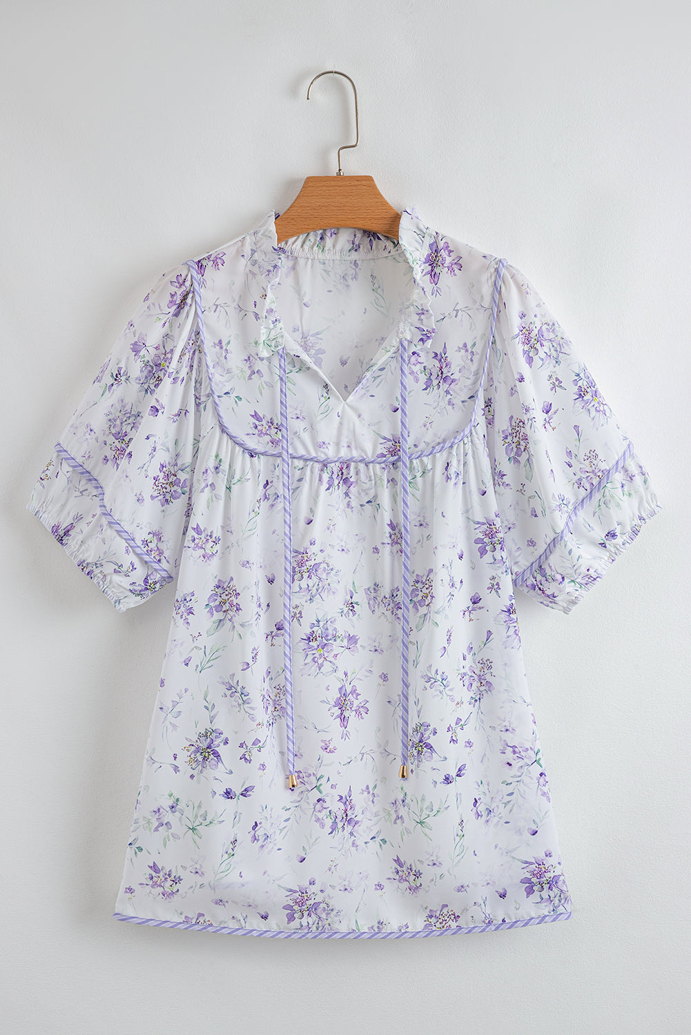 Purple Floral Trimmed Detail Split Neck Plus Size Top