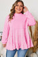 Pink Tiered Ruffle Ribbed Crew Neck Pullover Plus Size Top