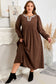 Coffee Embroidered Notched Neckline Textured Pleated High Waist Plus Size Midi Dress