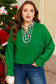 Green Plus Size Contrast Leopard Trim Split Neck Puff Sleeve Blouse