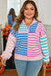 Sky Blue Stripe Colorblock Patchwork Plus Size Half Zip Sweater