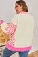 Pink Stripe Contrast Polo Collar Drop Shoulder Patchwork Plus Size Pullover