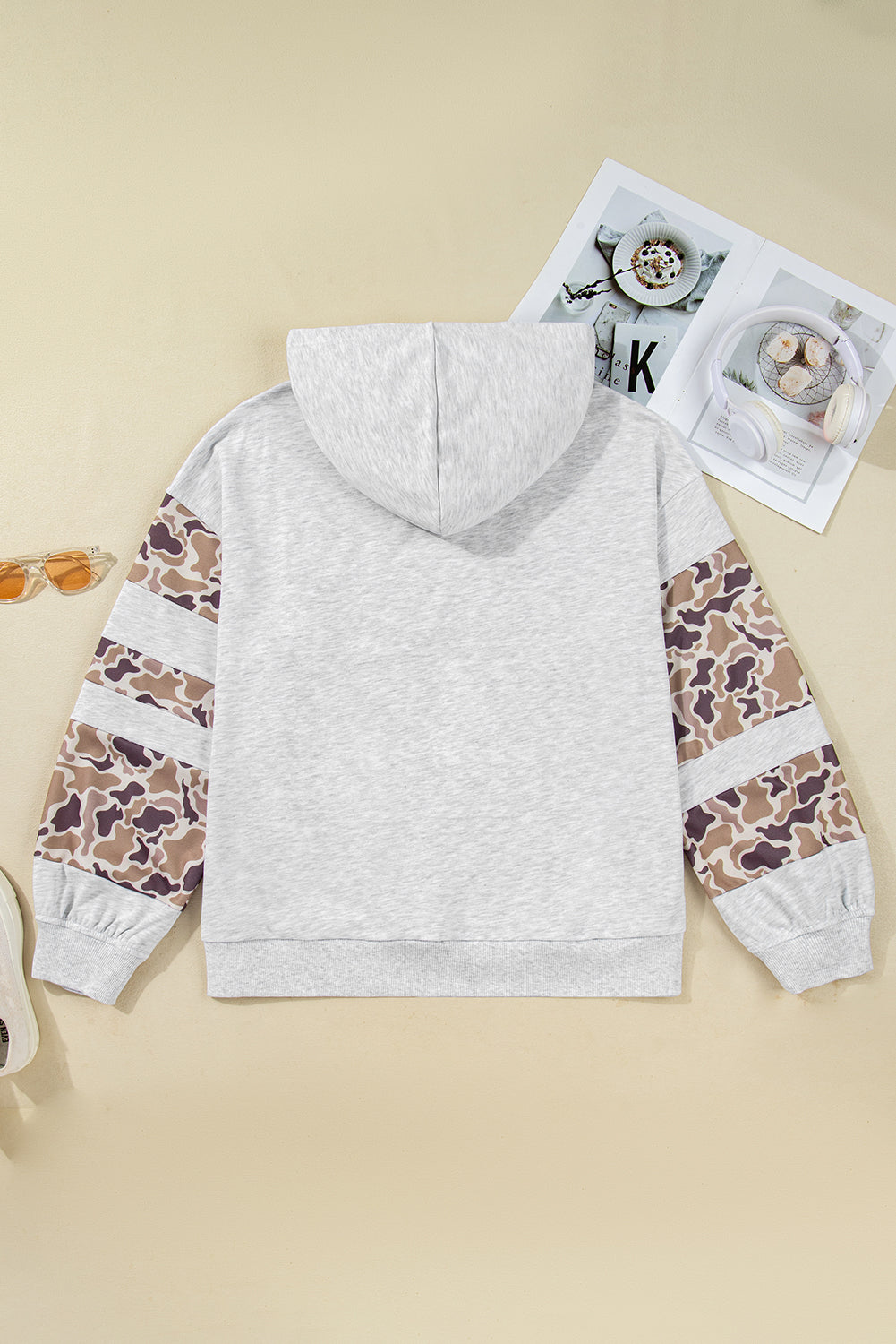 Light Grey Camouflage Patchwork Asymmetric Sleeve Plus Size Hoodie