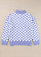 Purple Checkered Collared Buttons Plus Size Sweater