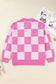 Pink Plus Size Checkered Collared Half Button Sweater