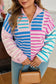 Sky Blue Stripe Colorblock Patchwork Plus Size Half Zip Sweater