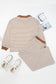 Khaki Stripe Plus Size Collared V Neck Loose Pullover Drawstring Elastic Waist Wide Leg Pant Set