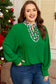 Green Plus Size Contrast Leopard Trim Split Neck Puff Sleeve Blouse