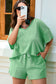 Mint Green Plus Size V Neck Tee Patched Pocket Drawstring Shorts Set