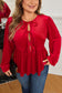 Red Clay Plus Size Tie Front Velvet Peplum Blouse