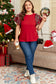 Racing Red Plaid Pearl Ruffled Short Sleeve Knitted Christmas Holiday Plus Size T-shirt