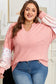 Pink Floral Sleeve Patchwork Waffle Knit Notched V Neck Plus Size Top