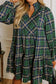 Green Plus Size Plaid Long Sleeve Notched Neck Shift Mini Dress