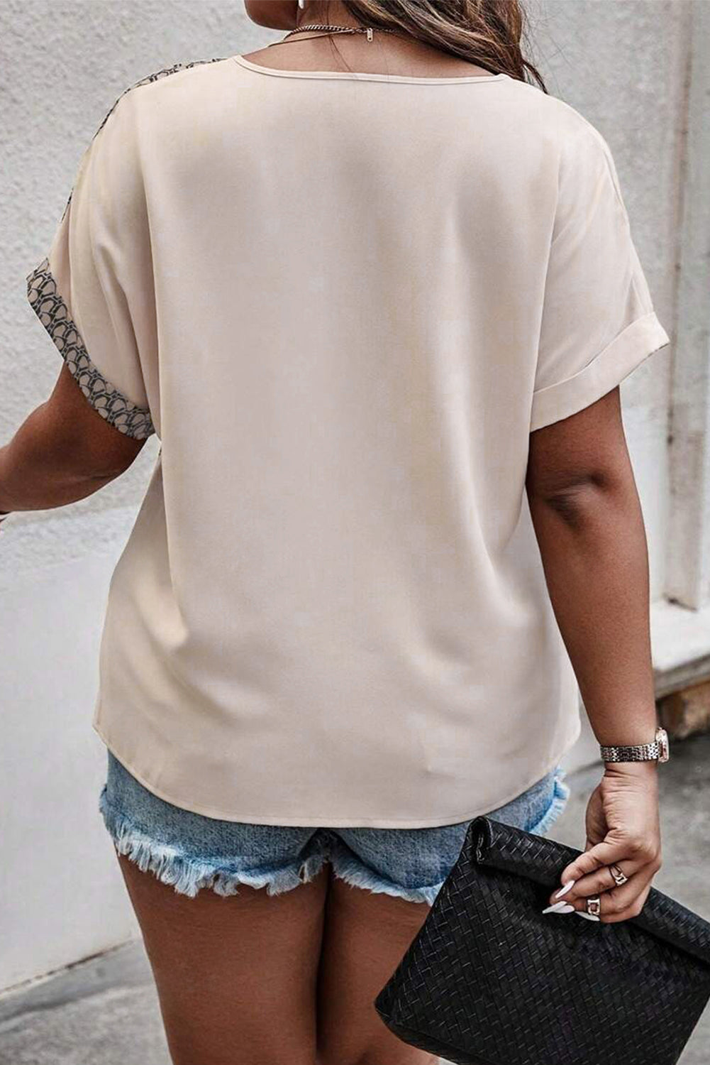 Oatmeal Contrast Geometric Print Patchwork V Neck Short Sleeve Plus Size Top