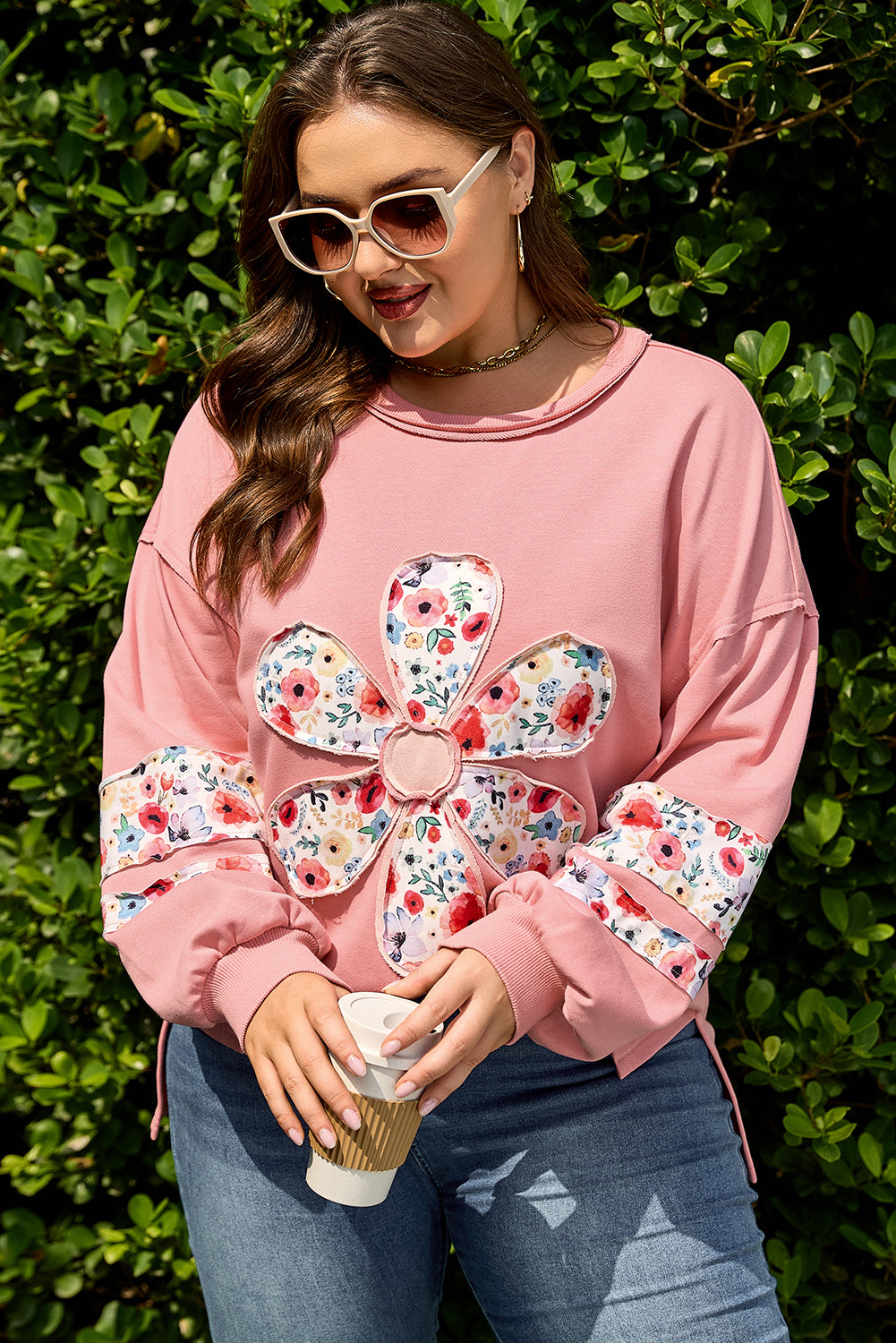 Peach Blossom Plus Size Floral Applique Drop Shoulder Sweatshirt
